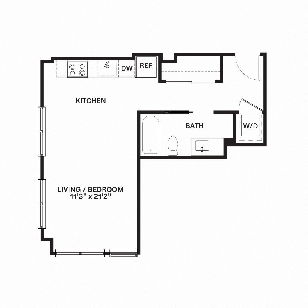 Floor plan for studio, 1 bath, 527 sqft
